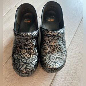 Dansko Black and Gold Textured Clogs